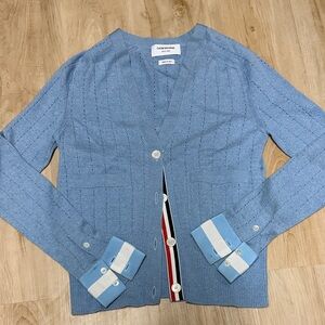 Thom Browne Sky Blue Cardigan with Signature Stripes